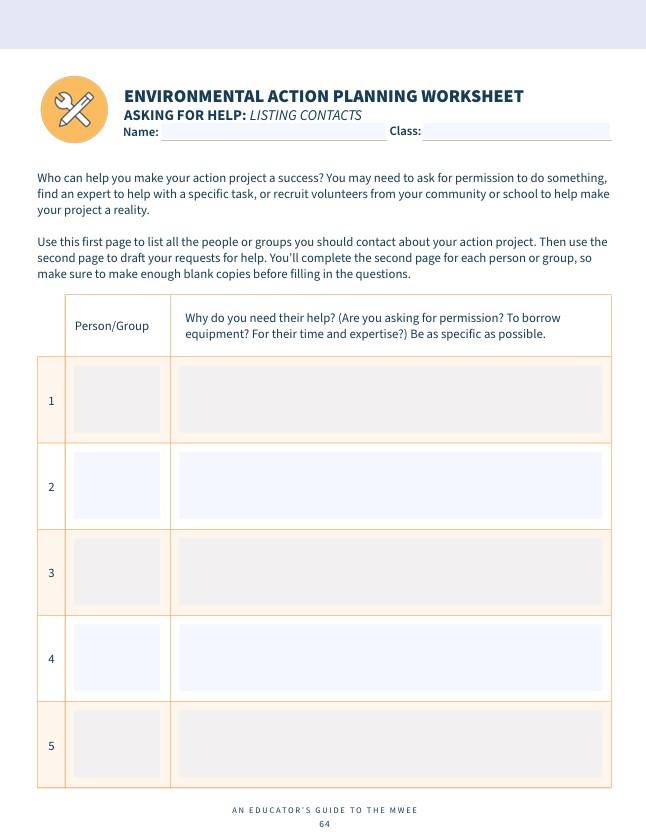 Front page of student worksheet for Environmental Action Planning Document